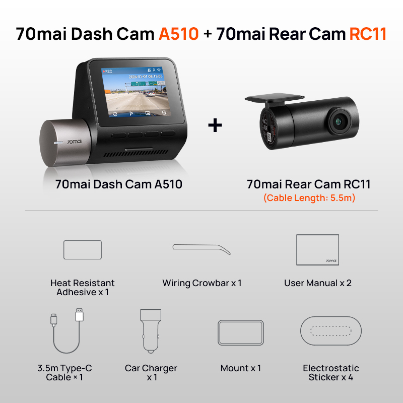 70mai A510 Dashcam (Front & Rear Set) تركيب مجاني في موقع الزبون عند إتمام الطلب - عمان - الاردن فقط / كاميرا مراقبة داشكام شاومي